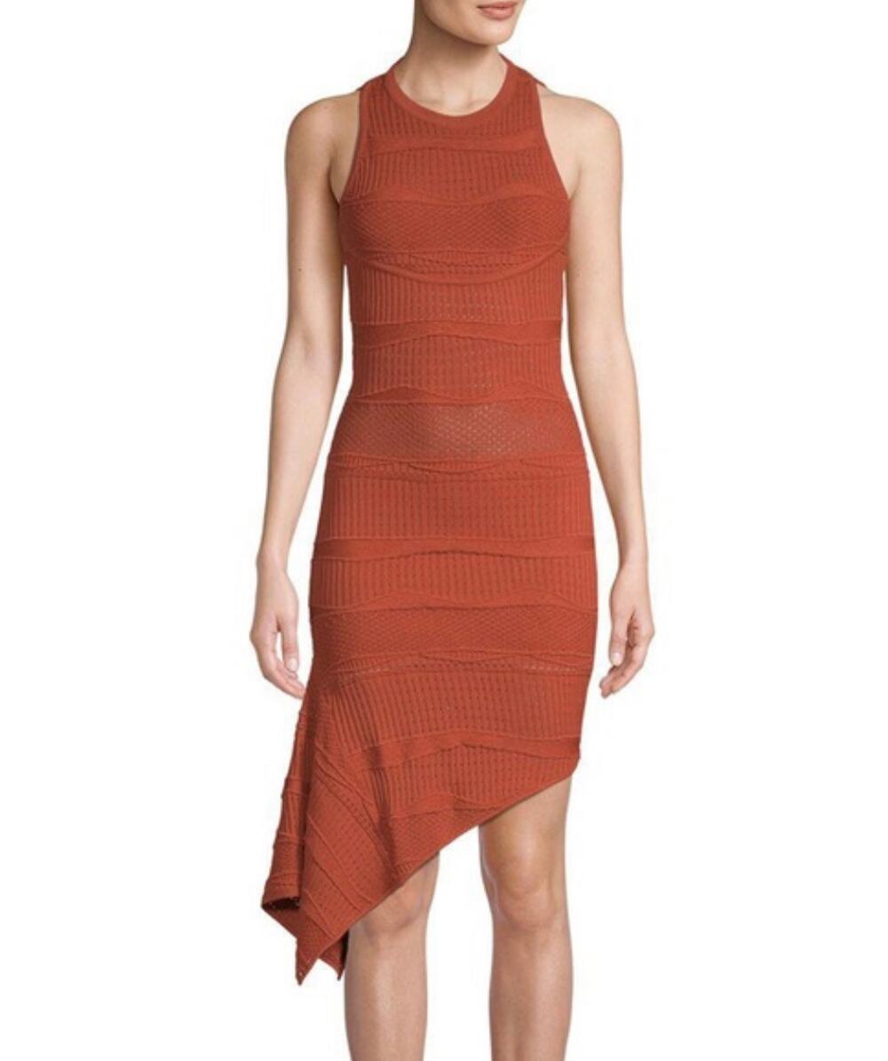Revolve Ronny Kobo Alzata Knit Dress Crochet Bodycon Asymmetric Midi, Rust